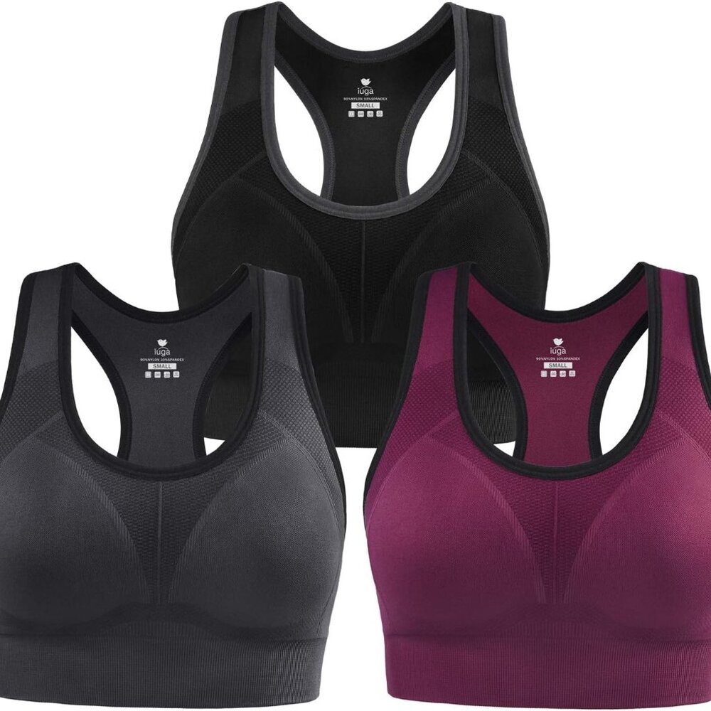 Black, Dark Gray & Maroon Women's High Impact Racerback Seamless Padded Sports B